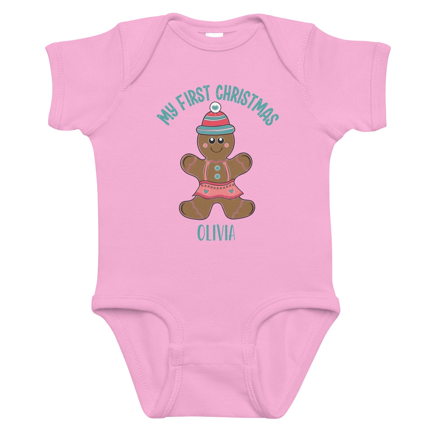 Personalized with name My First Christmas Gingerbread Girl infant bodysuit in pink.