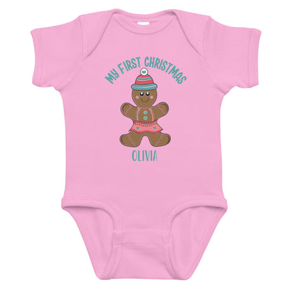 Personalized with name My First Christmas Gingerbread Girl infant bodysuit in pink.