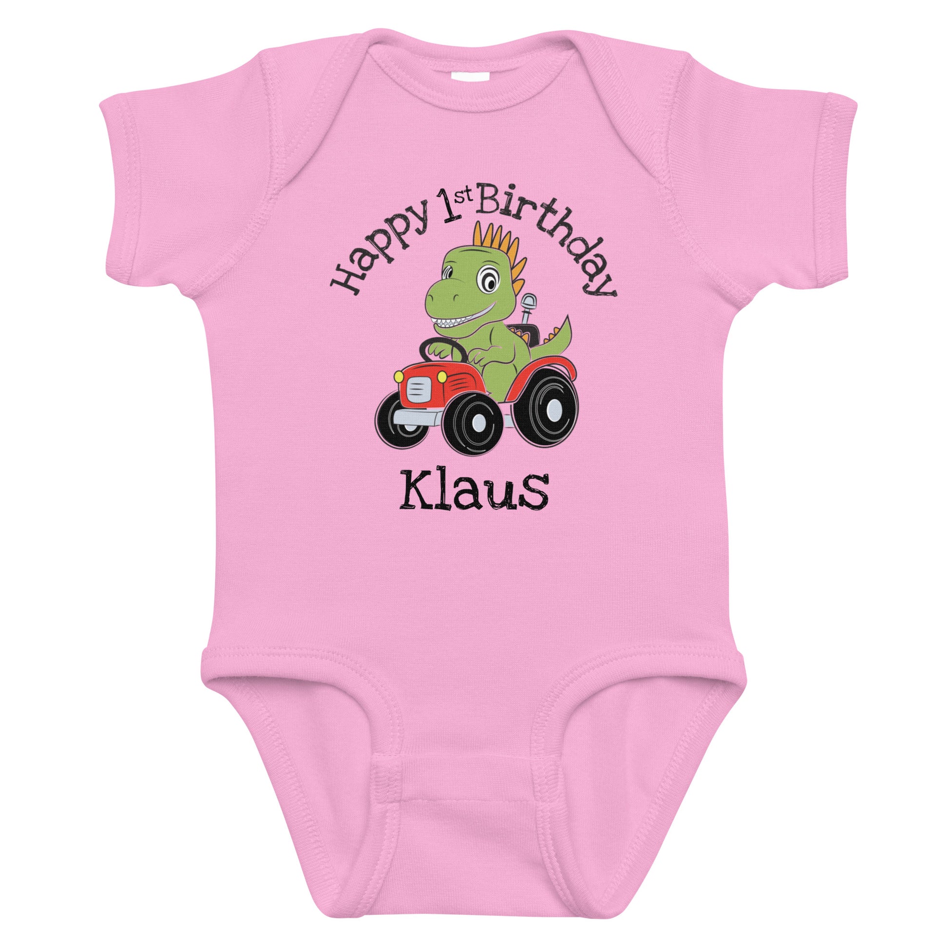 Personalized with childs name Happy Birthday Dinosaur on a Tractor Infant pink bodysuit.
