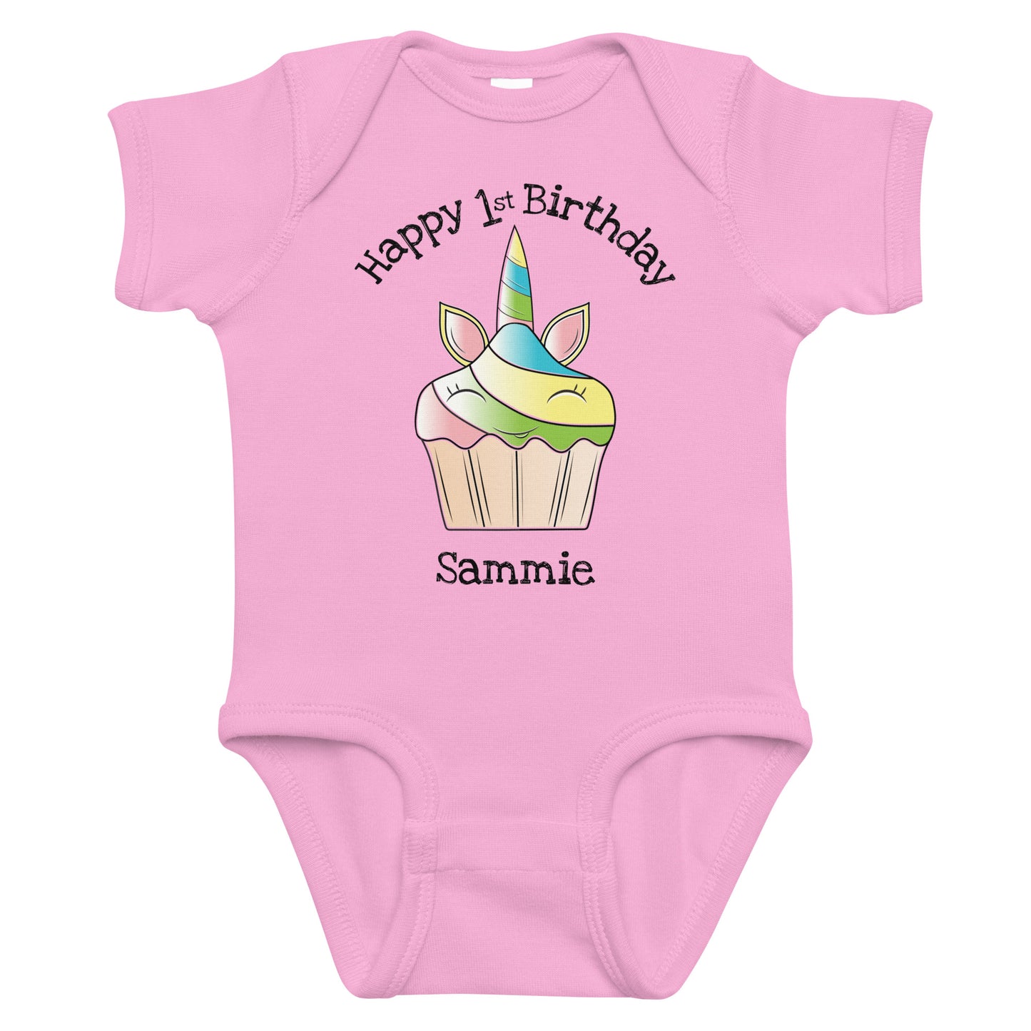 Personalized Birthday Unicorn Cupcake with Name & Age Infant pink bodysuit