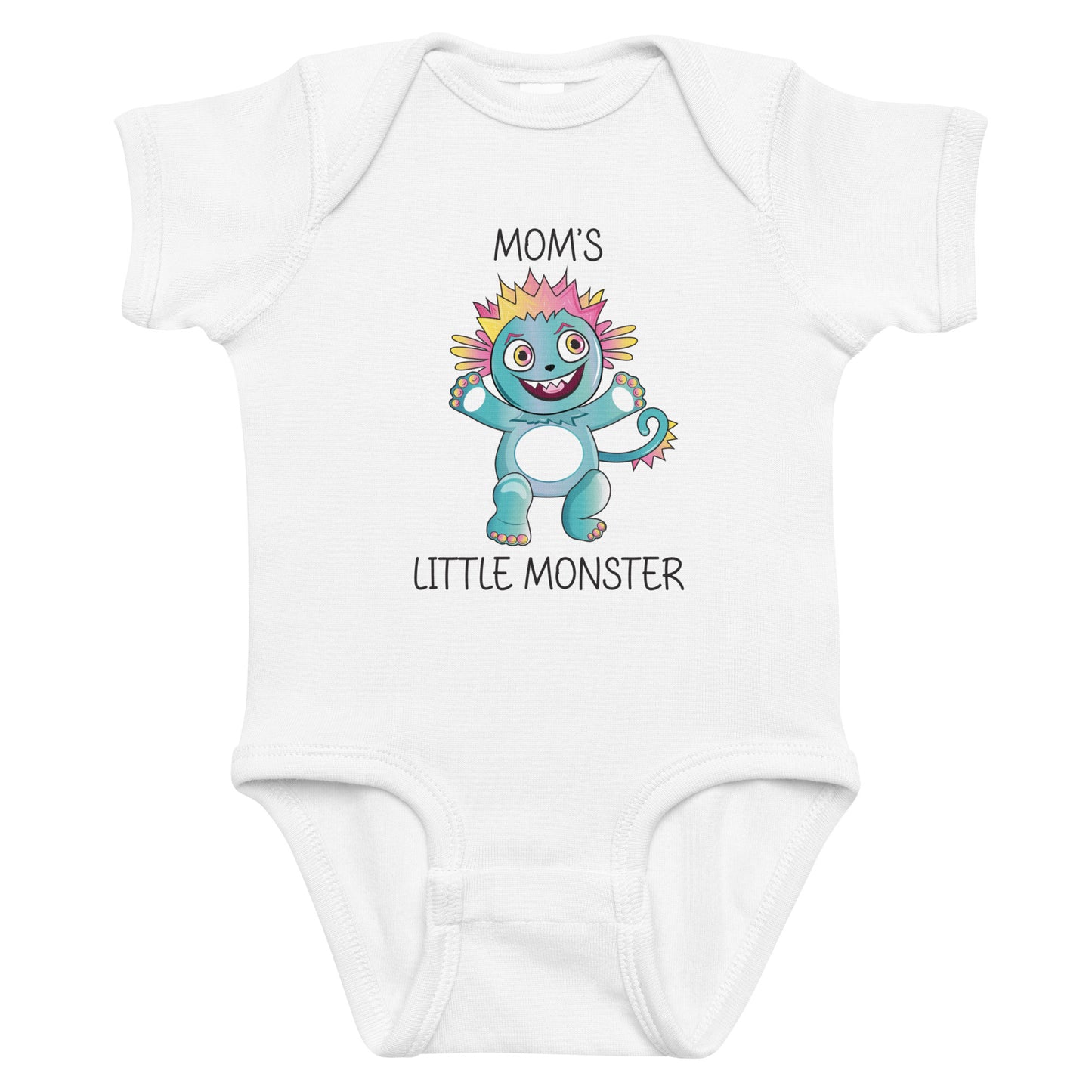 White short sleeve infant bodysuit with cute monster that says Moms Little Monster on the front. 