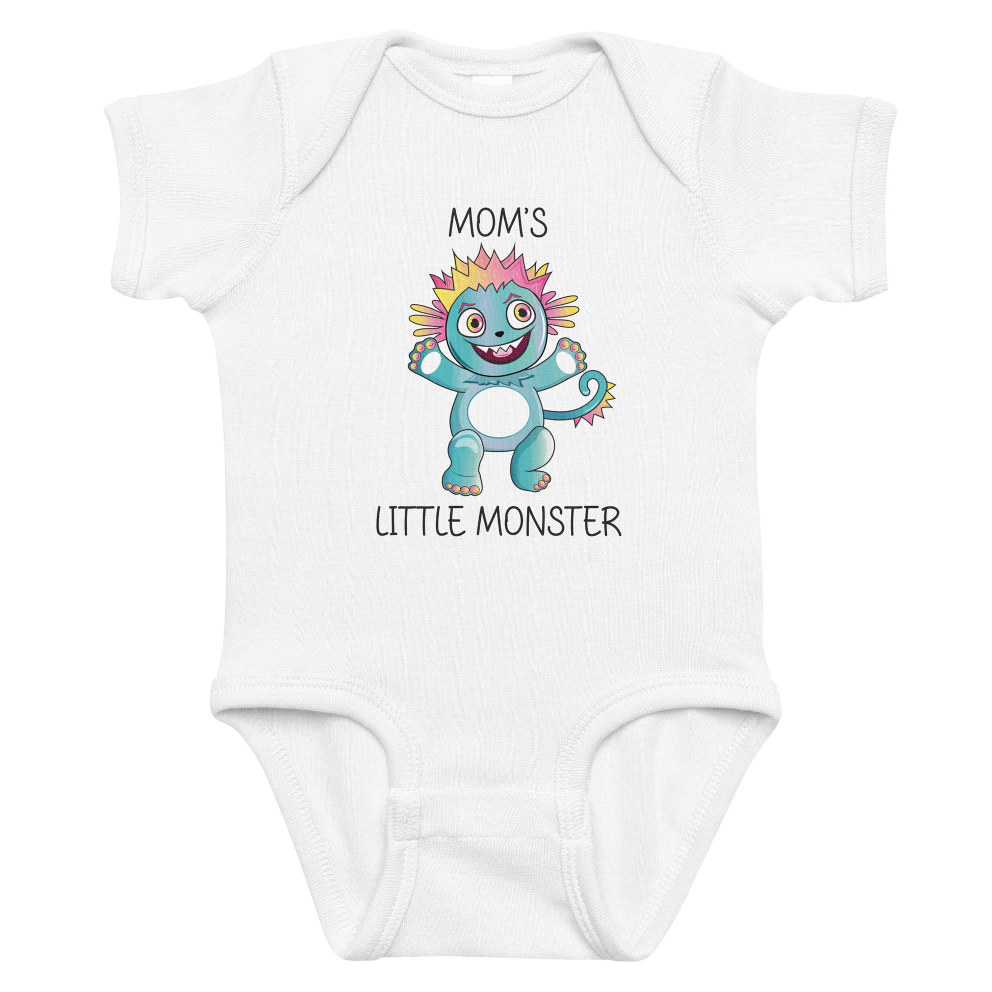 White short sleeve infant bodysuit with cute monster that says Moms Little Monster on the front. 