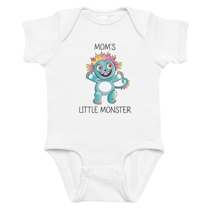 White short sleeve infant bodysuit with cute monster that says Moms Little Monster on the front. 