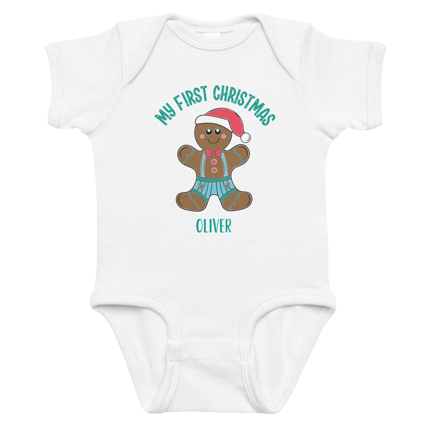 Personalized with name My First Christmas Gingerbread boy infant bodysuit in white.