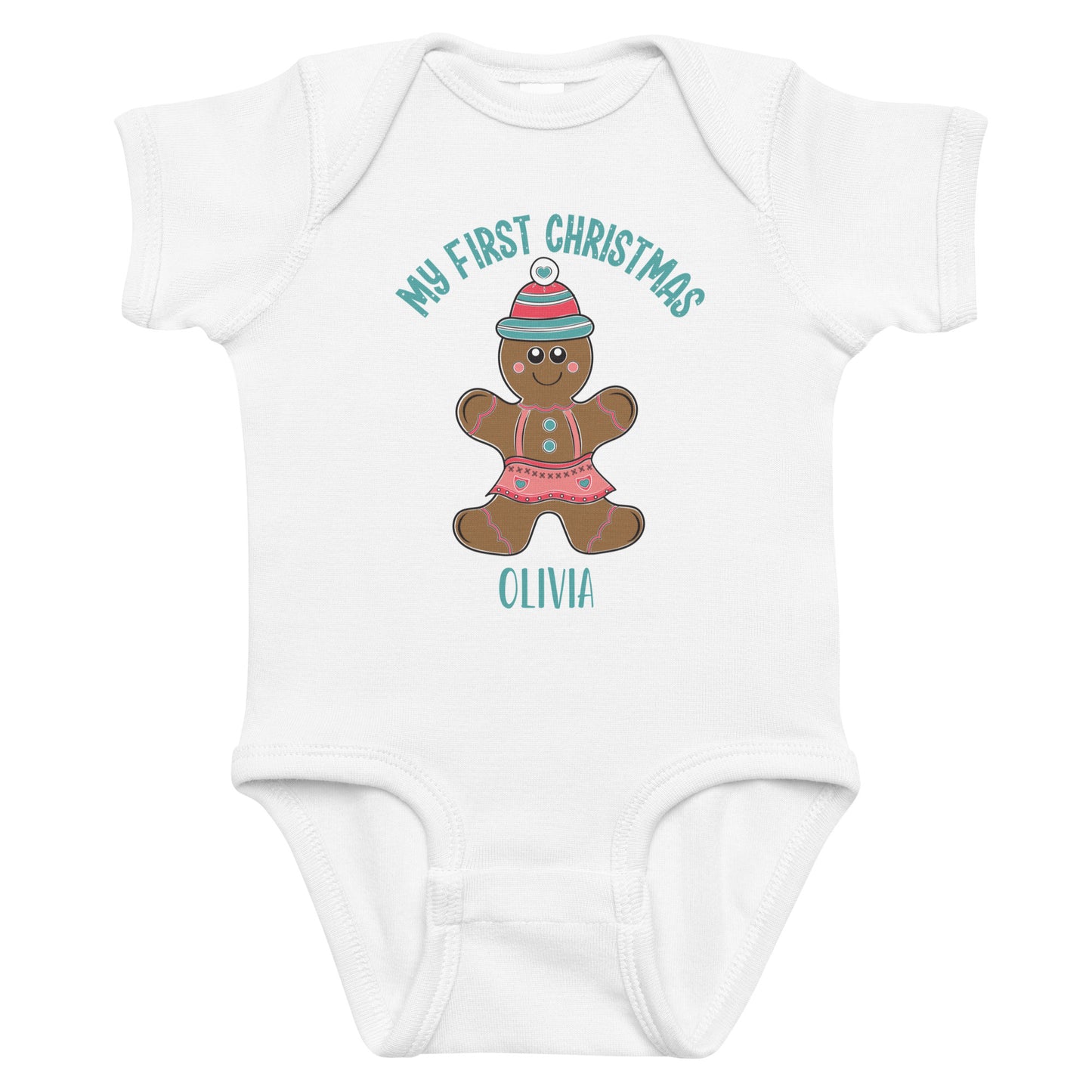 Personalized with name My First Christmas Gingerbread Girl infant bodysuit in white.