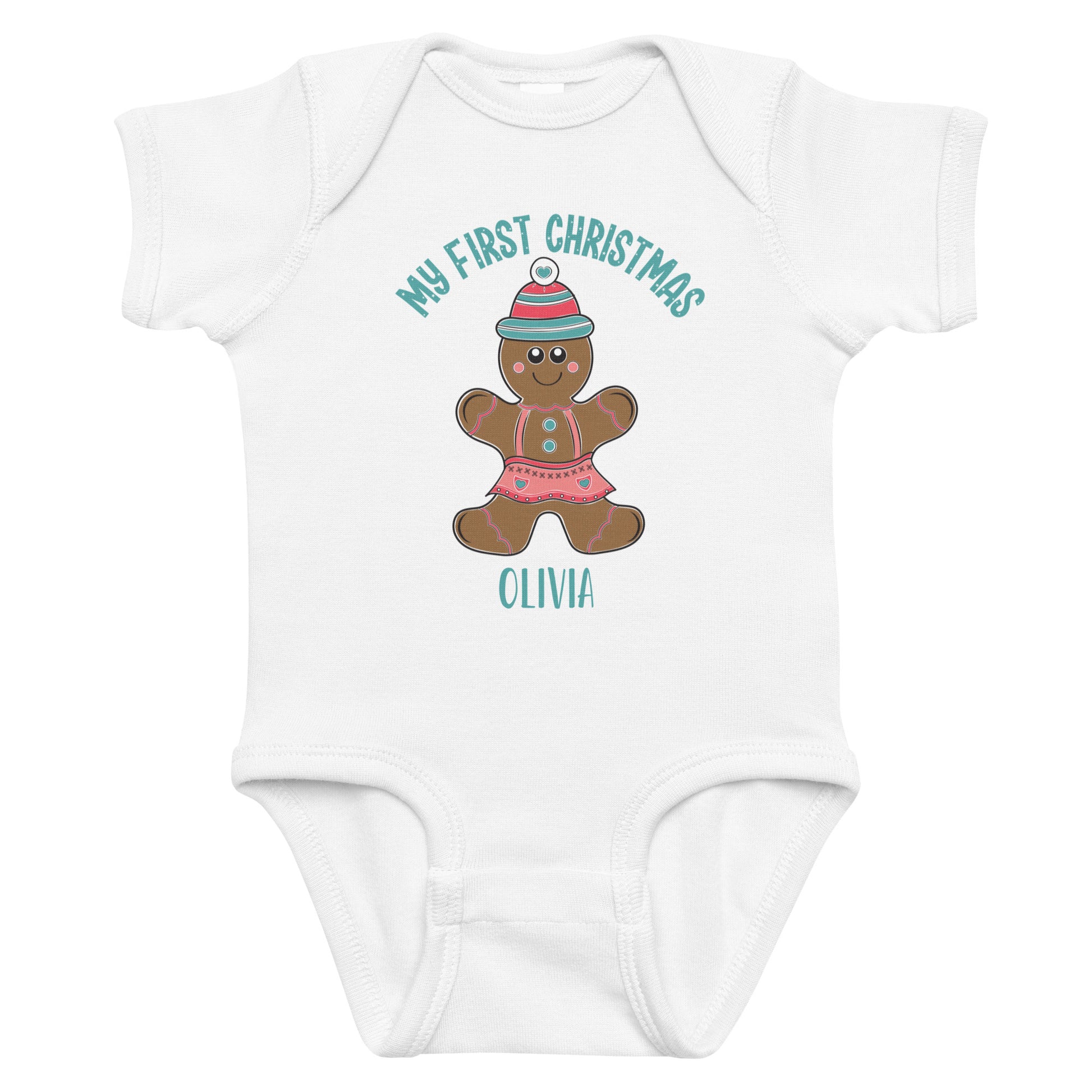 Personalized with name My First Christmas Gingerbread Girl infant bodysuit in white.