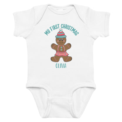 Personalized with name My First Christmas Gingerbread Girl infant bodysuit in white.