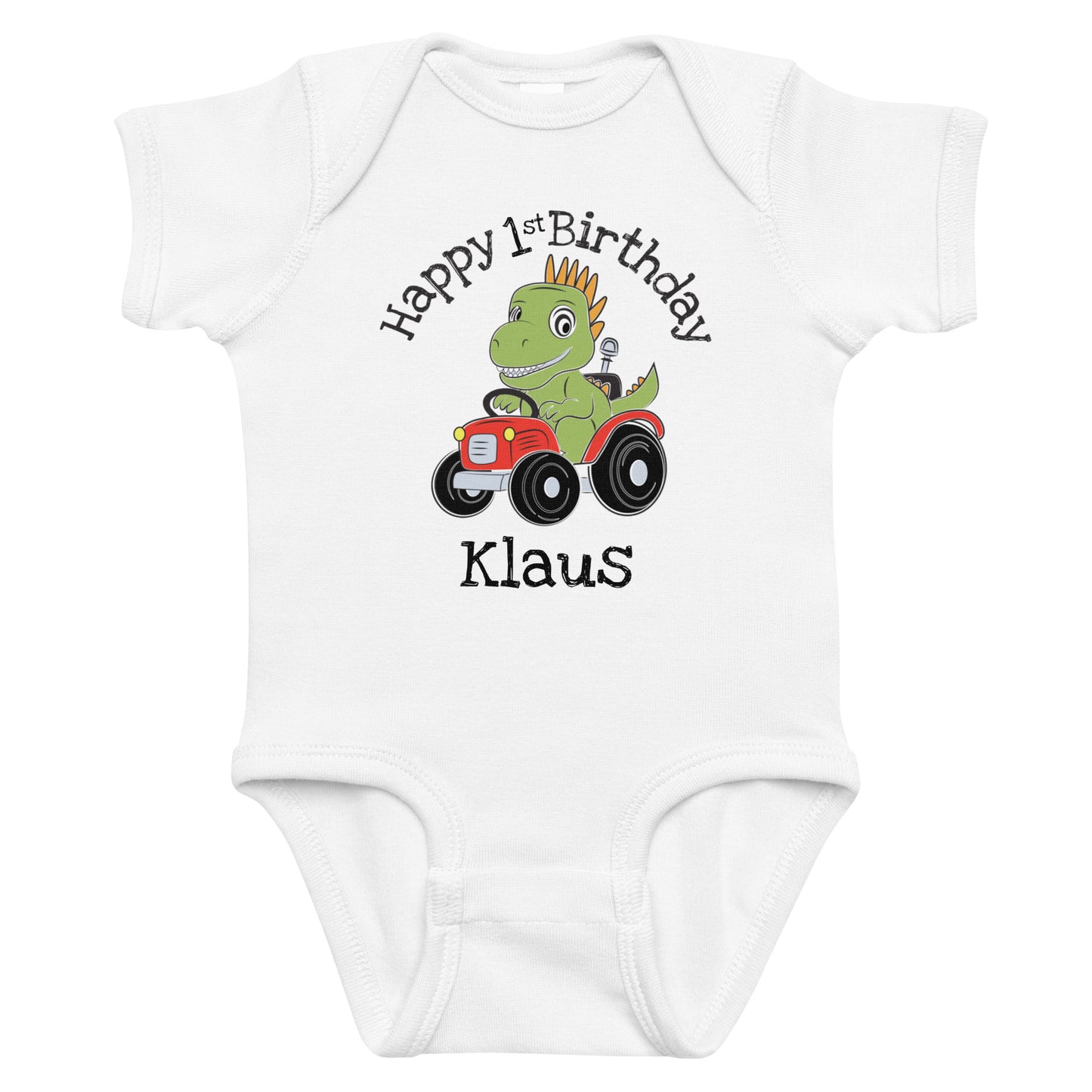 Personalized with childs name Happy Birthday Dinosaur on a Tractor Infant white  bodysuit.