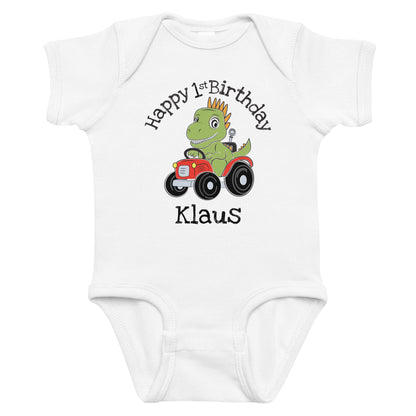Personalized with childs name Happy Birthday Dinosaur on a Tractor Infant white  bodysuit.