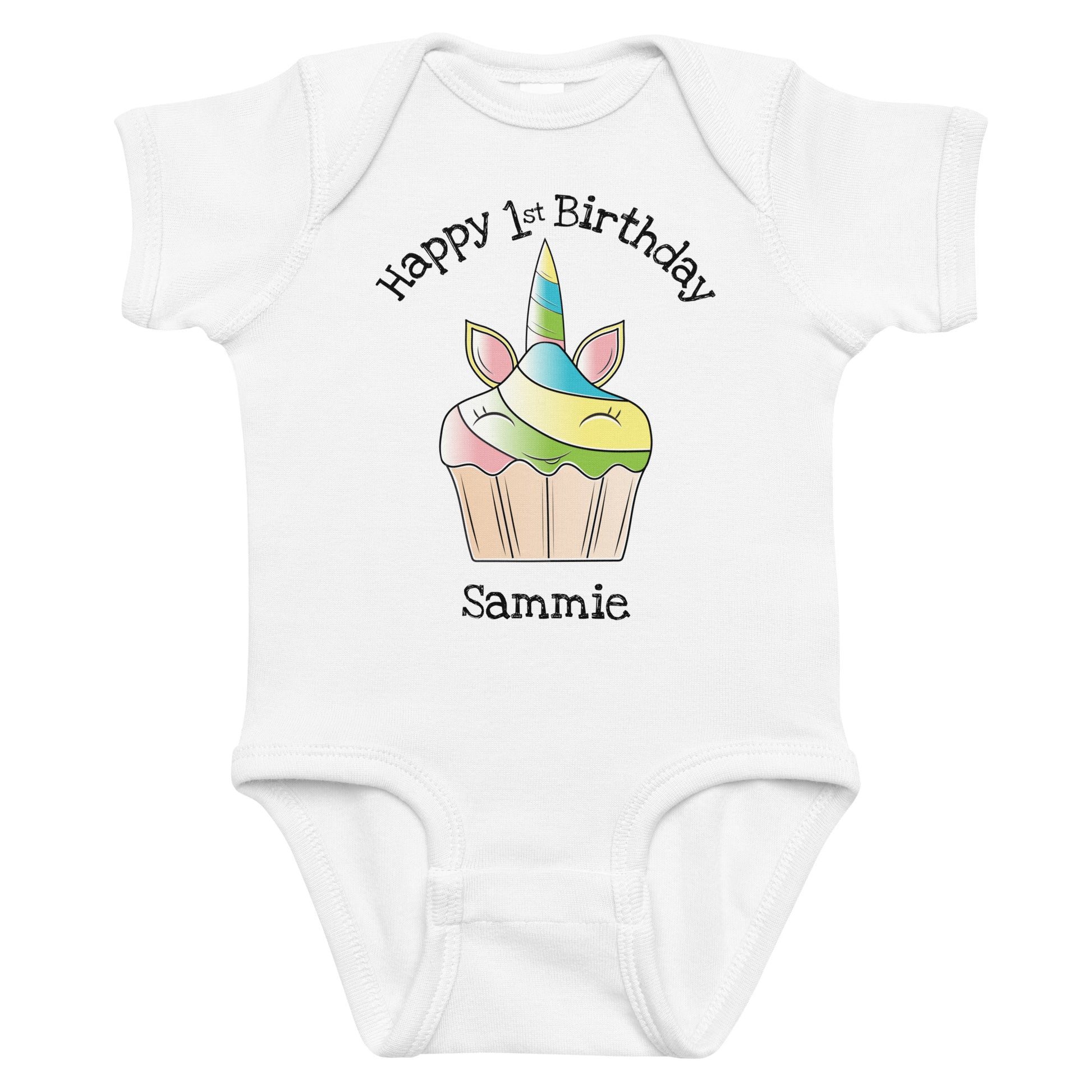 Personalized Birthday Unicorn Cupcake with Name & Age Infant white bodysuit