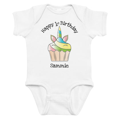 Personalized Birthday Unicorn Cupcake with Name & Age Infant white bodysuit