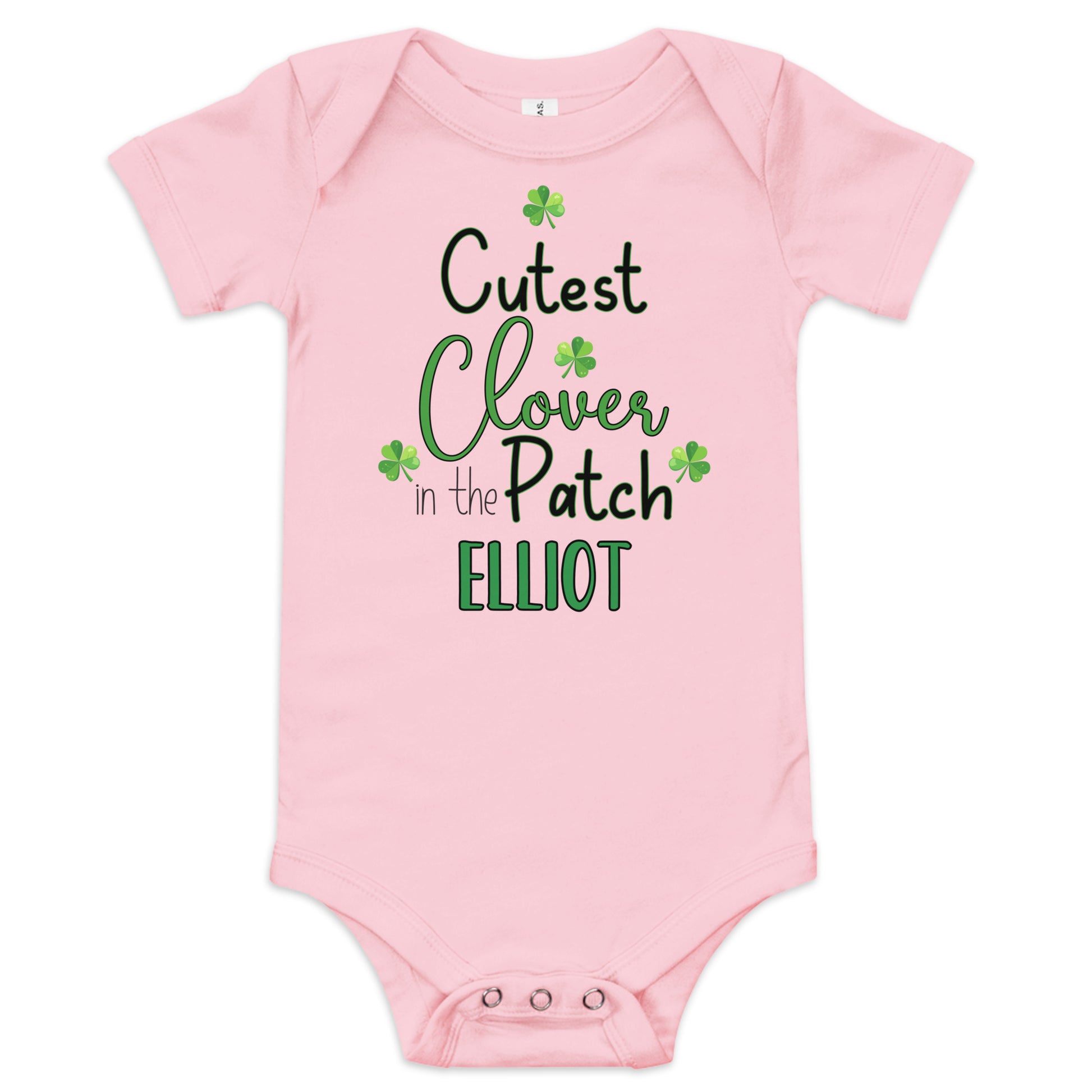 Personalized St. Patrick's Day Cutest Clover in the Patch Baby short sleeve one piece with baby name below quote.