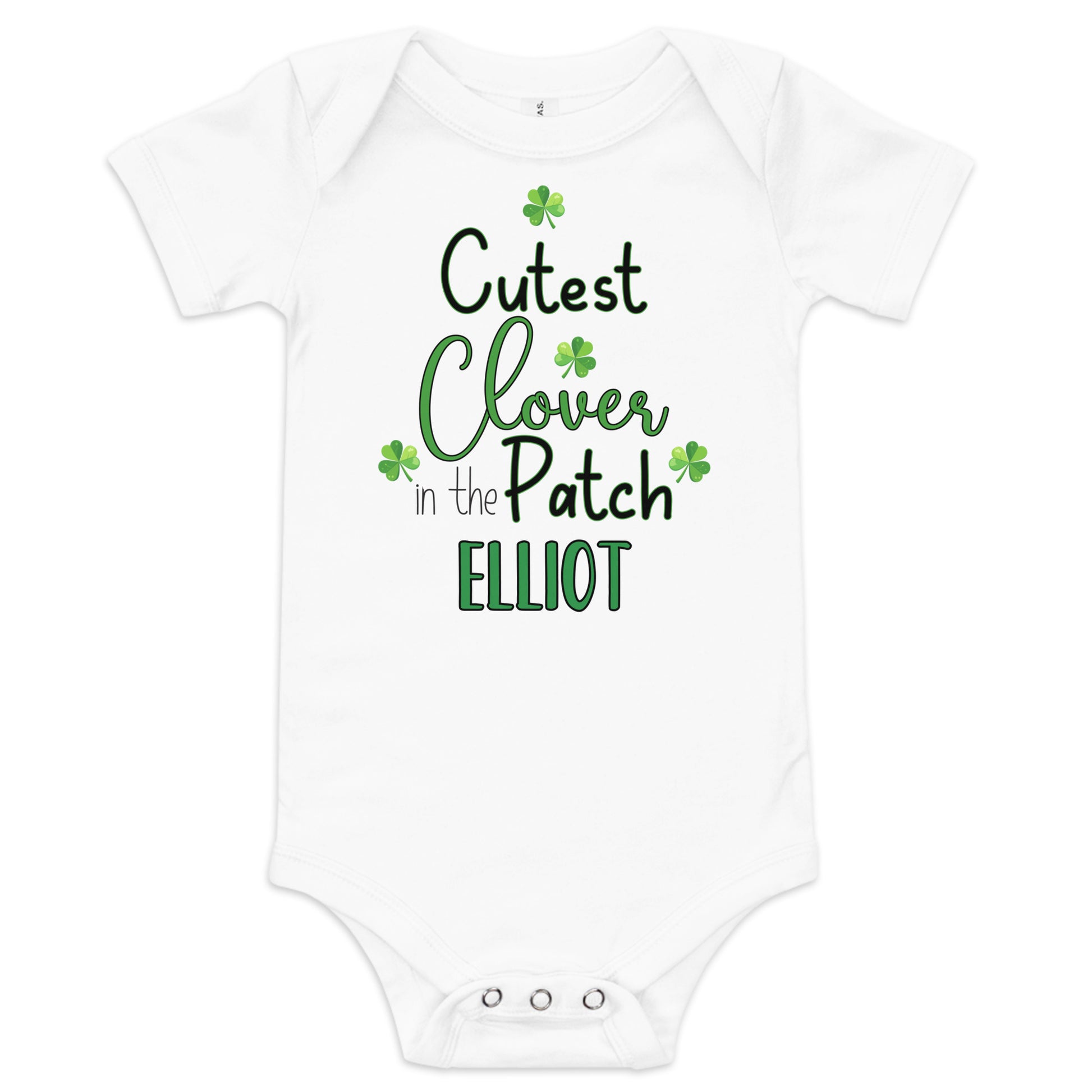 Personalized St. Patrick's Day Cutest Clover in the Patch Baby short sleeve one piece with baby name below quote.