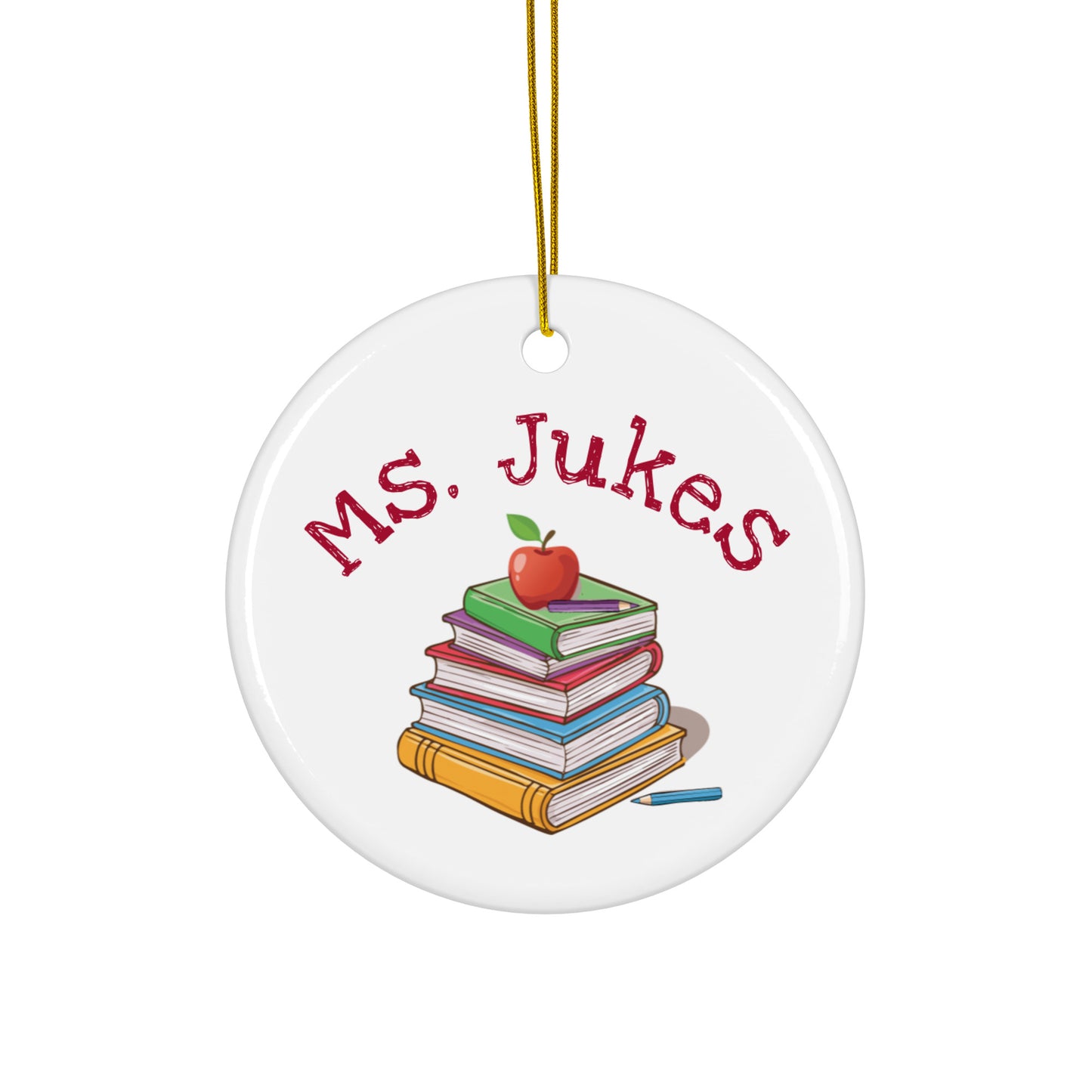 Personalized with Teacher name with apple & books Ceramic Ornament.