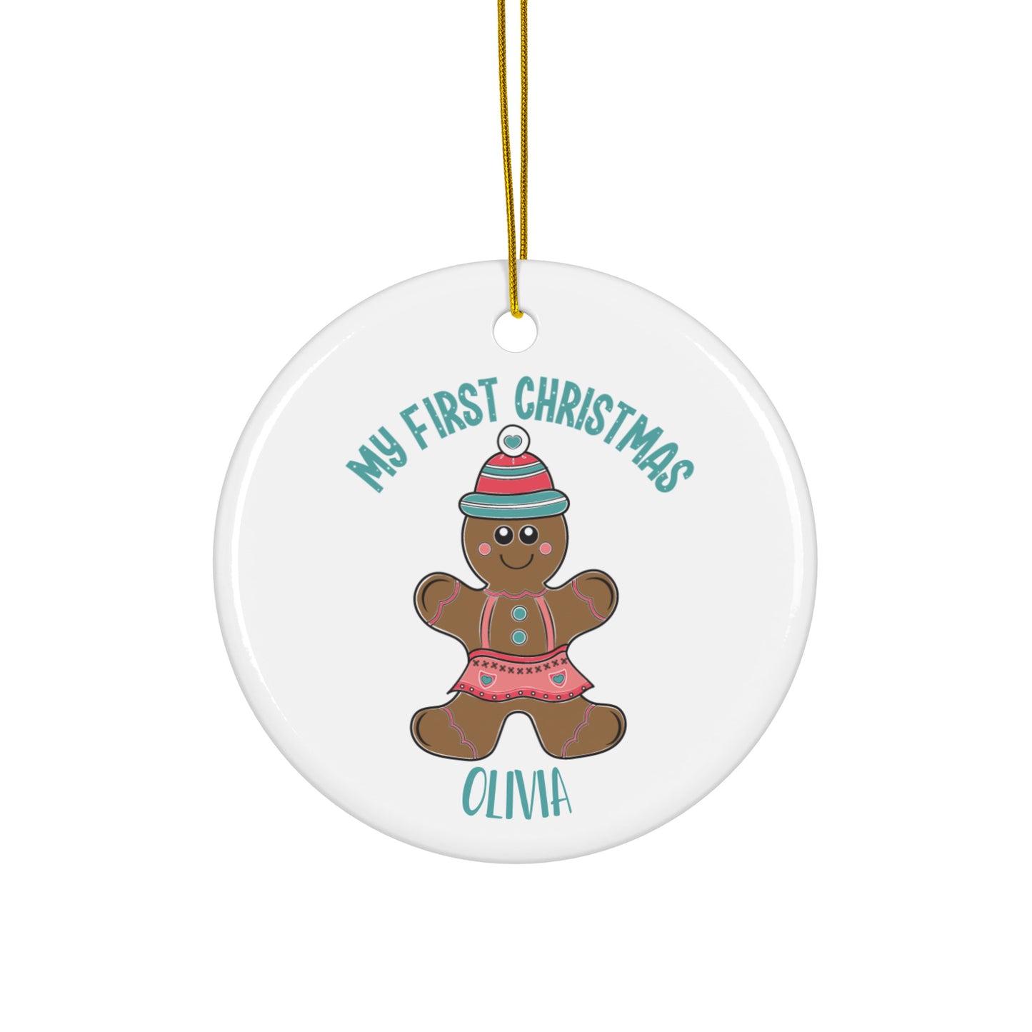 Personalized with name My First Christmas Gingerbread Girl Ceramic Ornament.