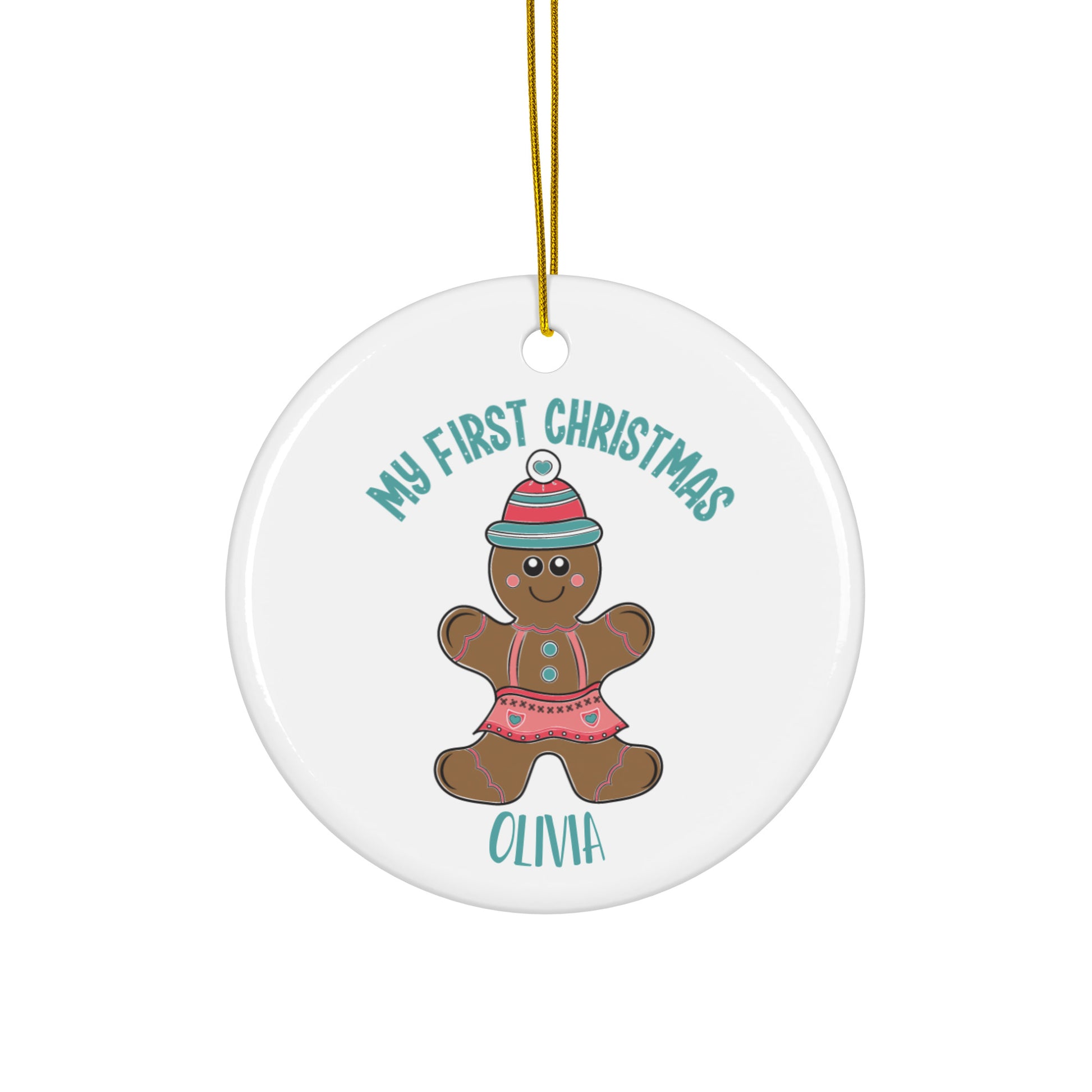 Personalized with name My First Christmas Gingerbread Girl Ceramic Ornament.