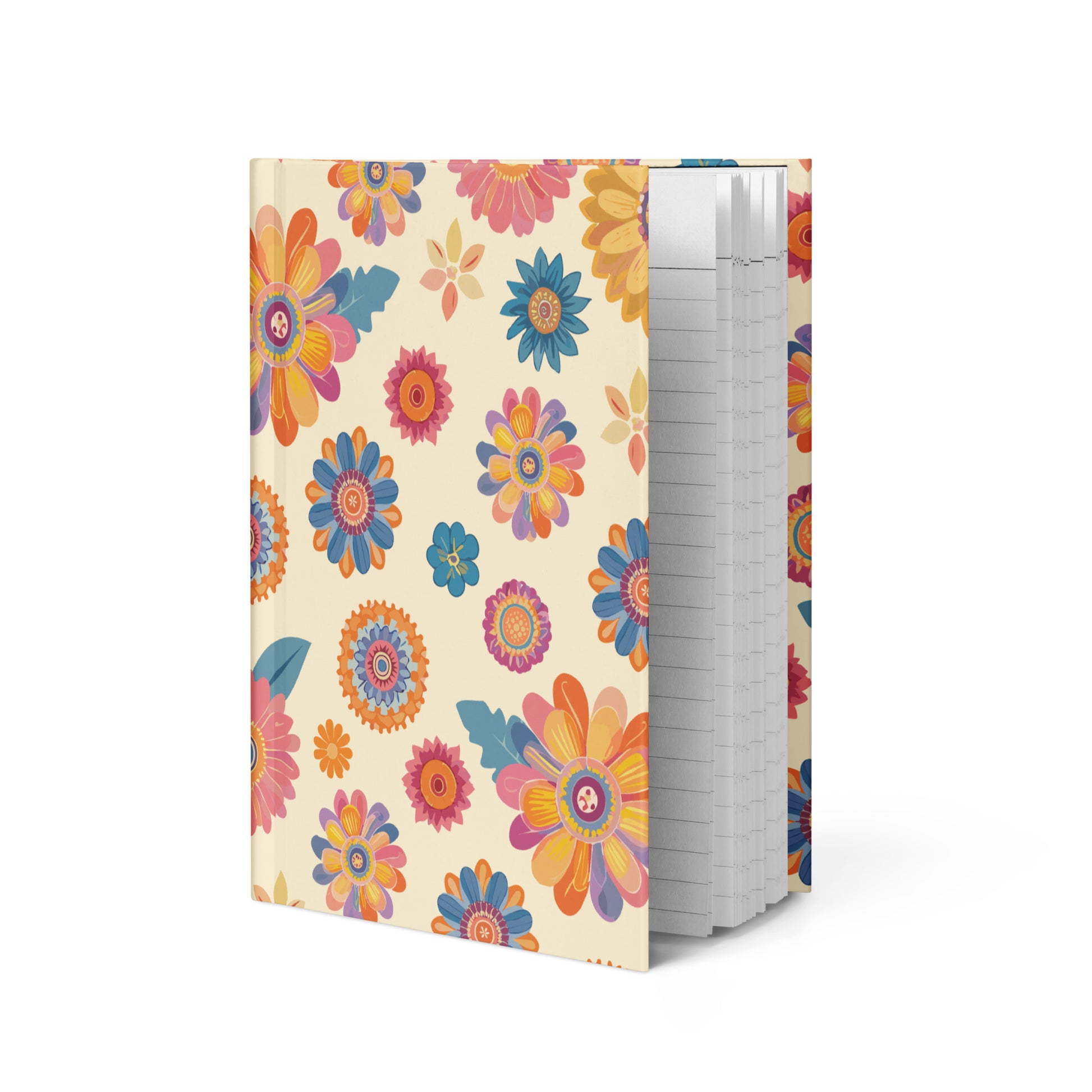 Cream hardcover lined journal and tossed with groovy colored retro flowers.