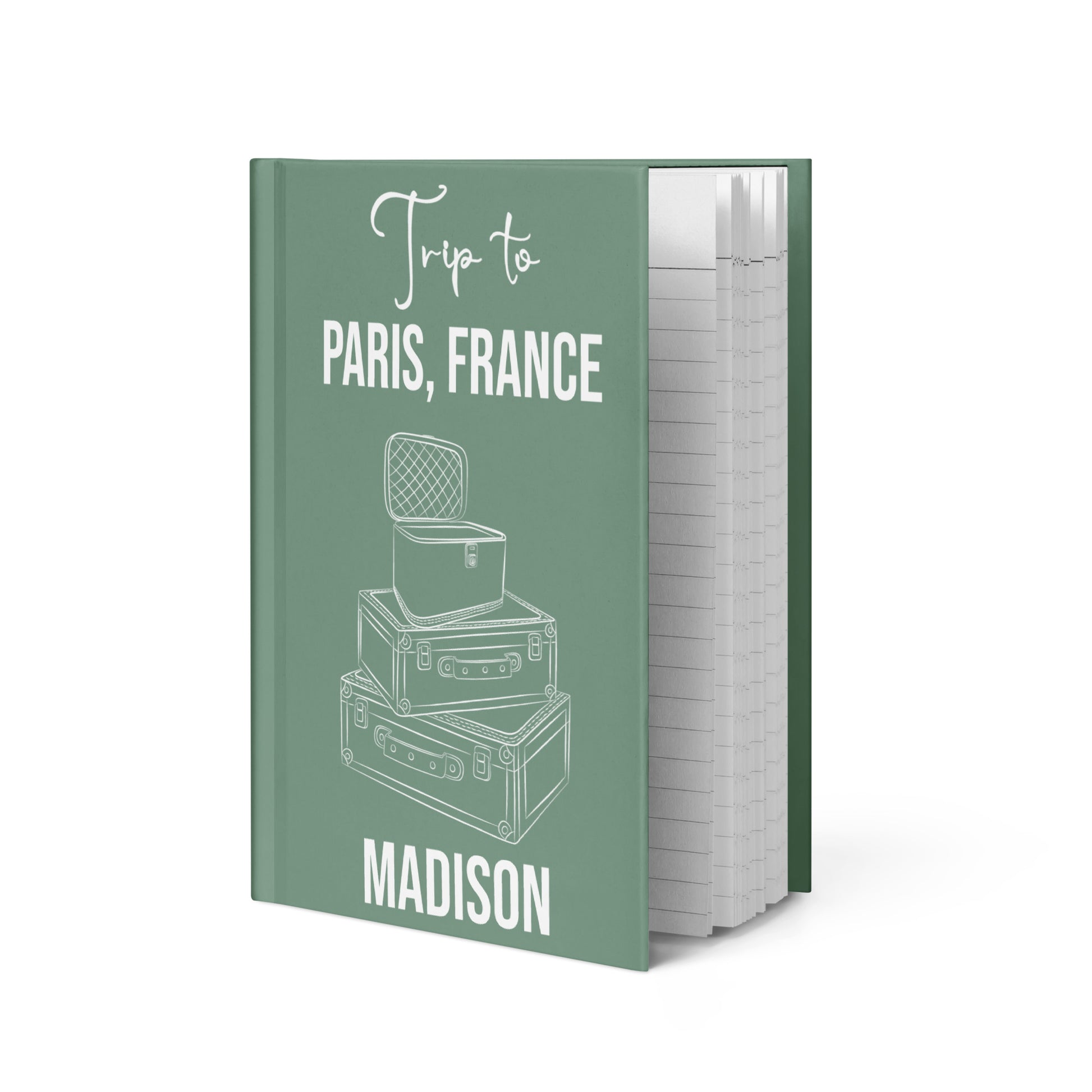 Personalized Travel Hardcover Journal  with the place you visited and your name on the cover with suitcases. 