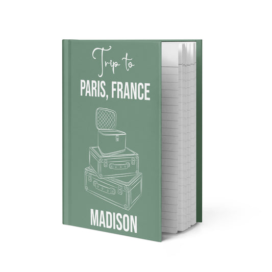 Personalized Travel Hardcover Journal  with the place you visited and your name on the cover with suitcases. 