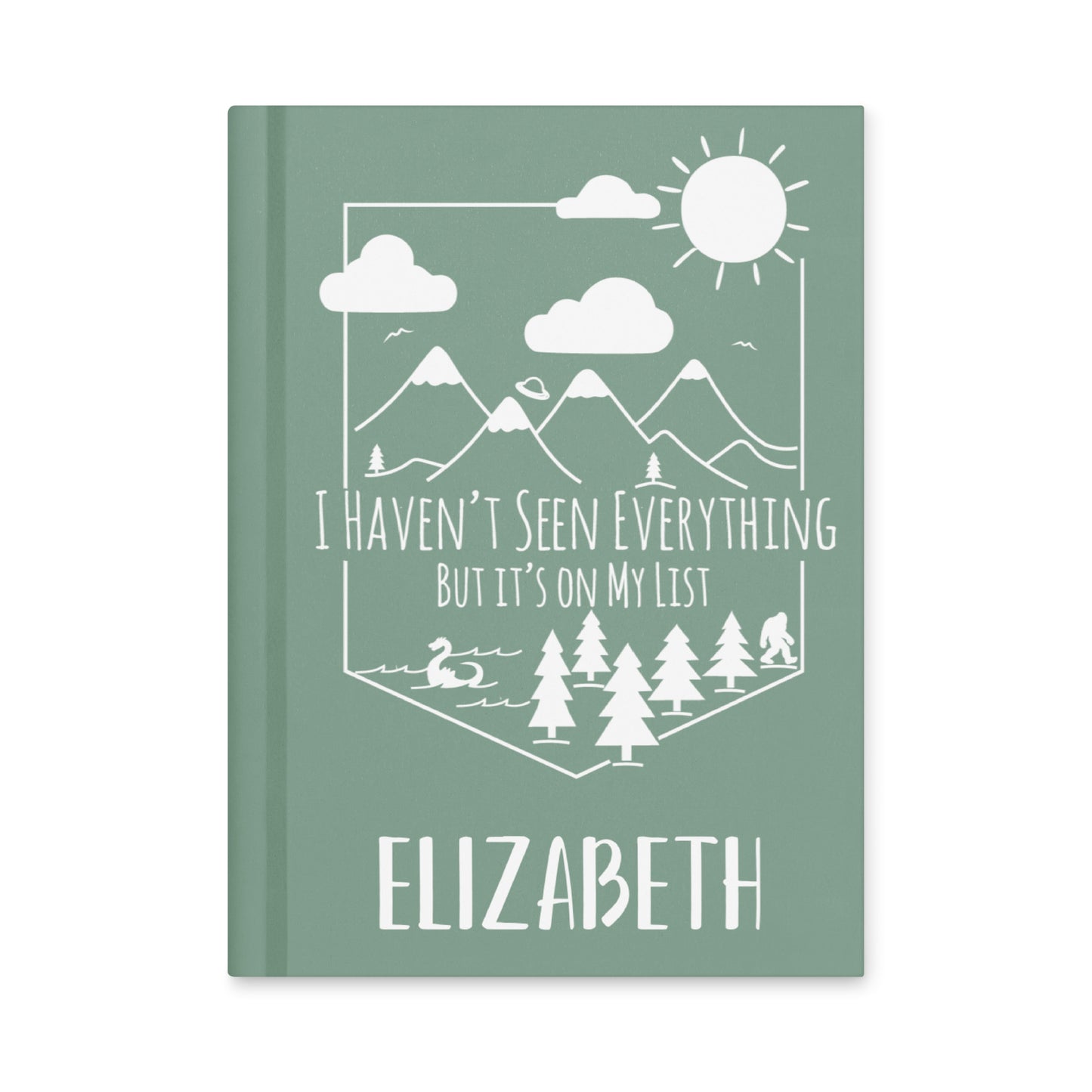 Personalized Adventure Travel Hardcover Journal with mountain scene with loch ness, alien spaceship & bigfoot with your name on the bottom. 