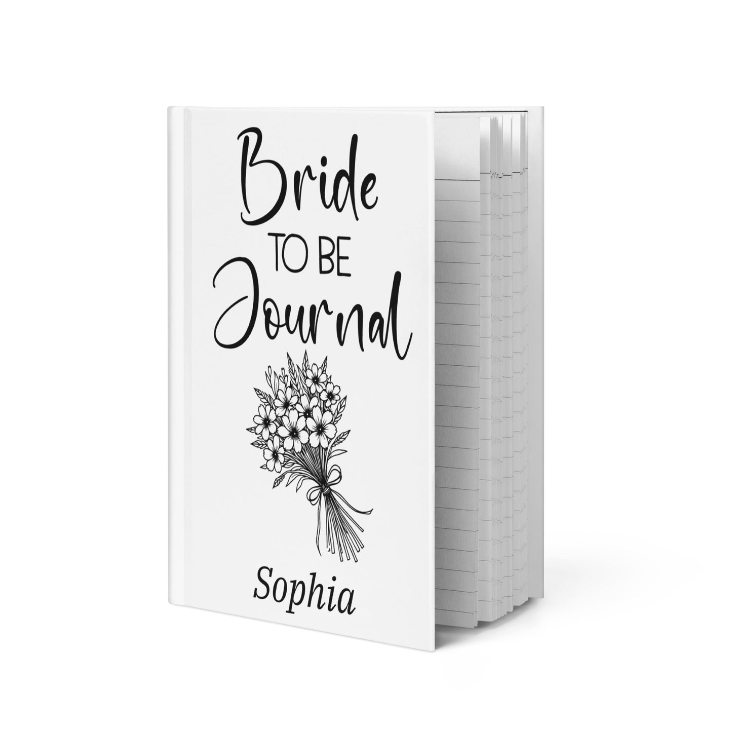 Personalized Bride to Be Hardcover journal with black writing and a flack floral bouquet with the brides name at the bottom.