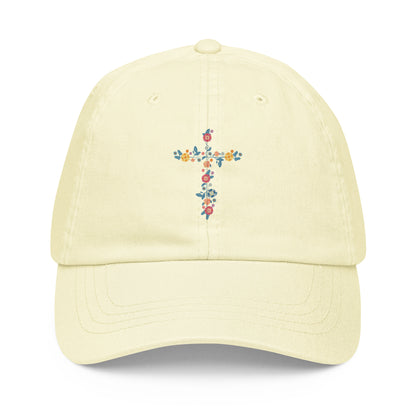 pastel ball cap with dainty printed floral cross