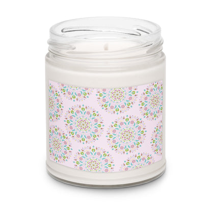 Apple harvest scented white soy candle in a clear glass jar with a label that has a light pink background and scattered with Scandinavian inspired mandalas.