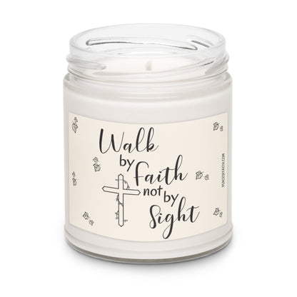 Clean cotton scented white soy candle with a label that says 'Walk by Faith not by Sight' with a Christian cross and Ivy leaves. 