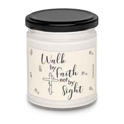 Clean cotton scented white soy candle with a label that says 'Walk by Faith not by Sight' with a Christian cross and ivy leaves.