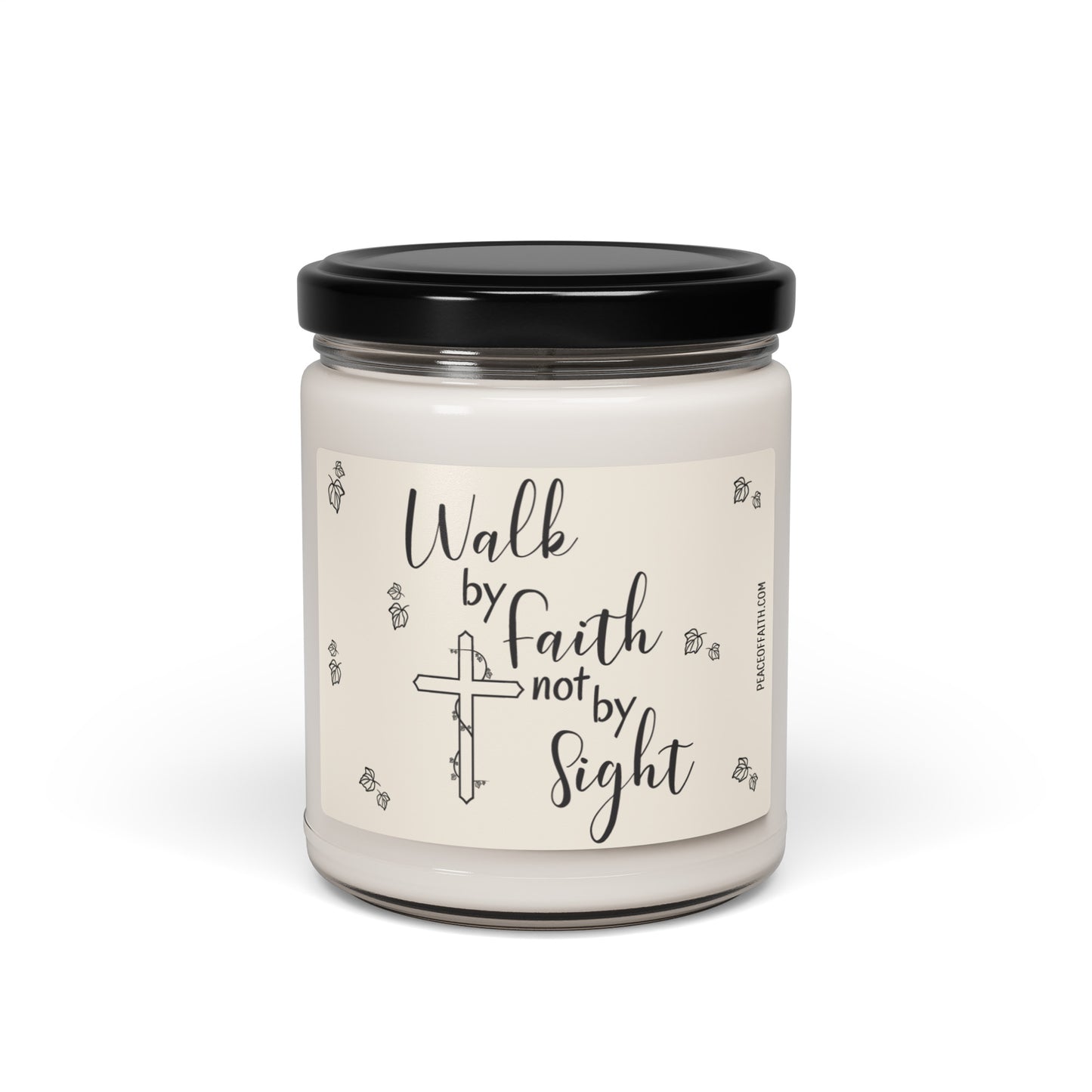 Clean cotton scented white soy candle with a label that says 'Walk by Faith not by Sight' with a Christian cross and Ivy leaves.