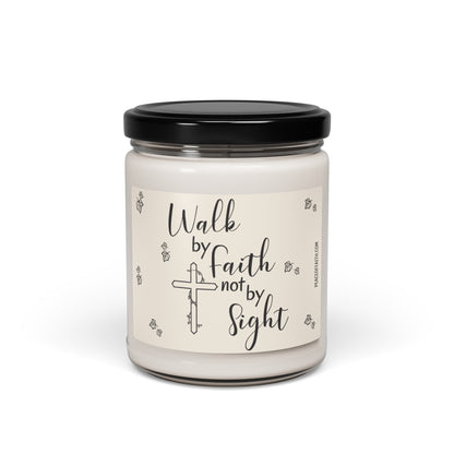 Clean cotton scented white soy candle with a label that says 'Walk by Faith not by Sight' with a Christian cross and Ivy leaves.