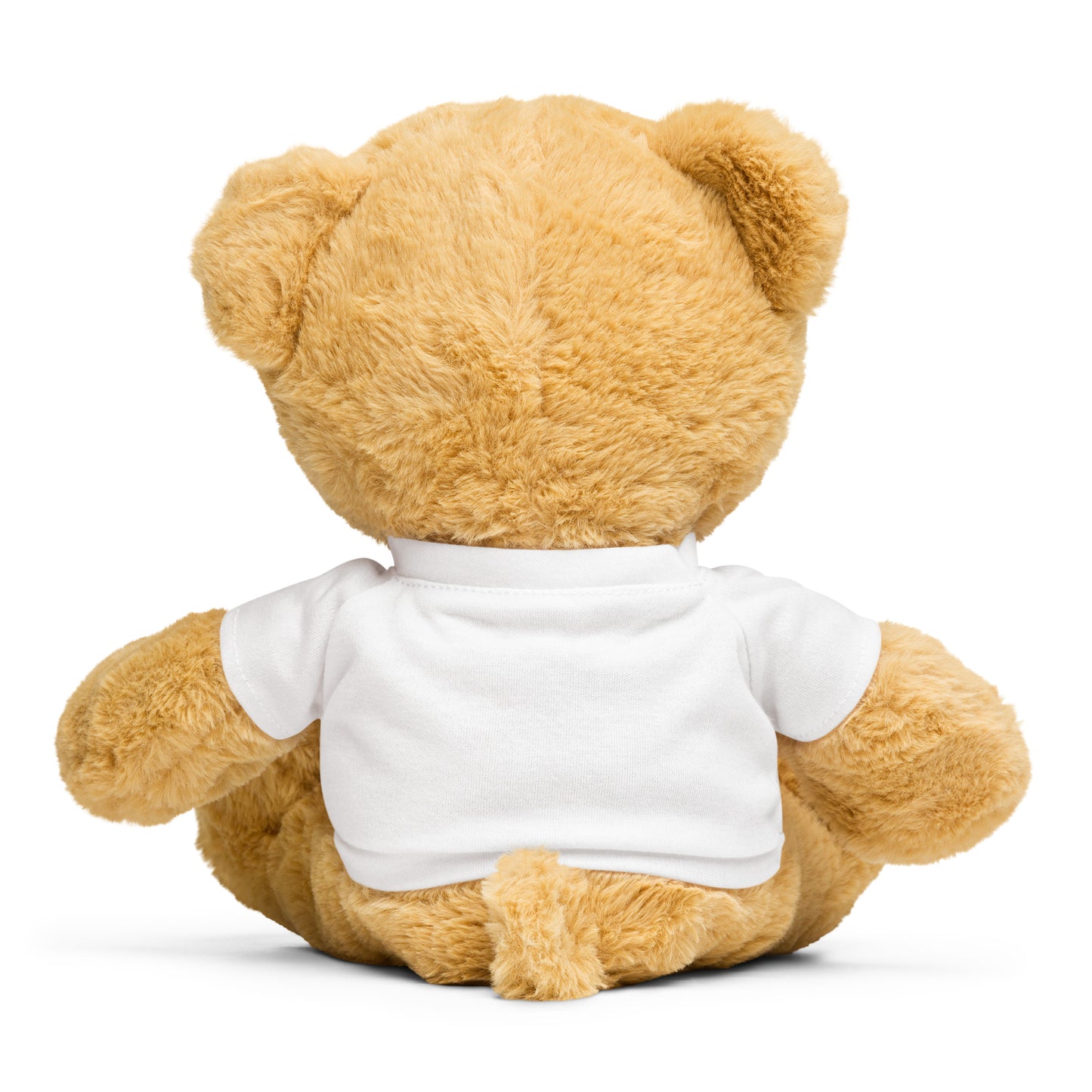 back of brown teddy bear wearing a blank white t-shirt.