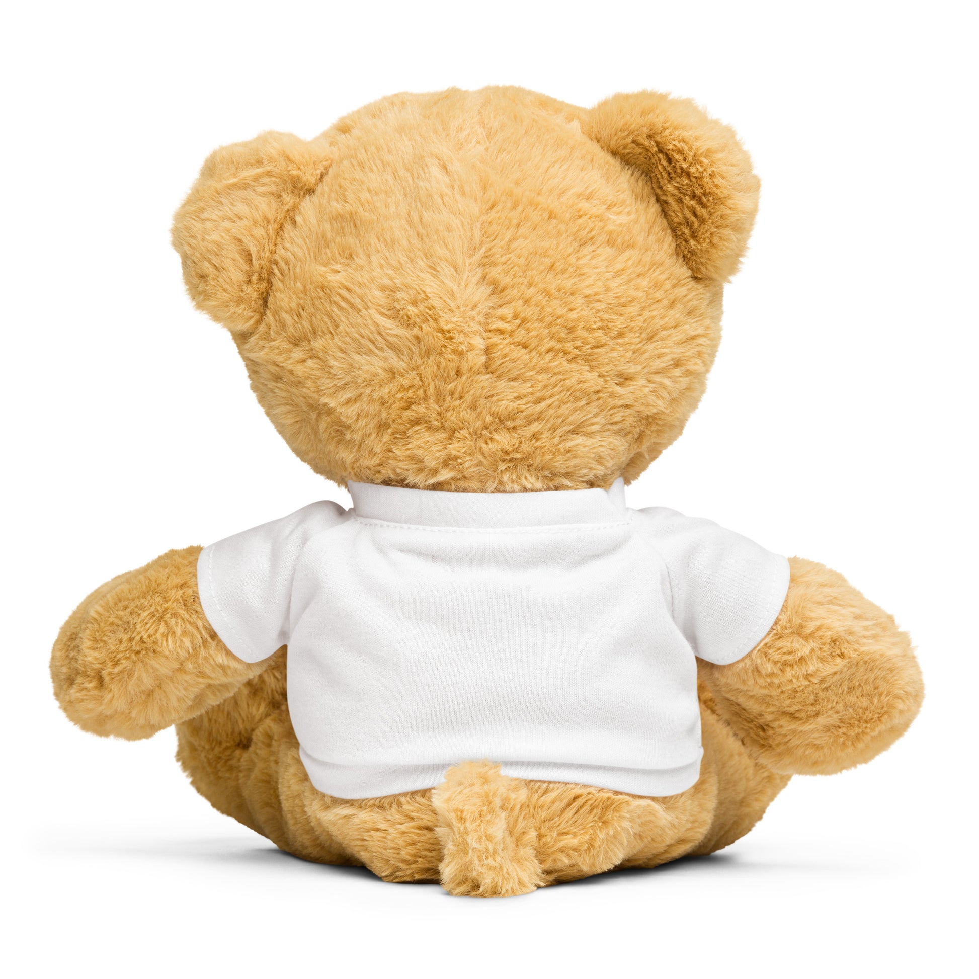 back of brown teddy bear wearing a blank white t-shirt.