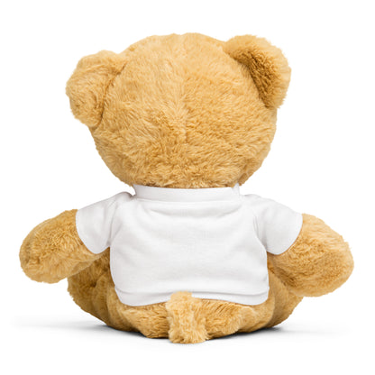 back of brown teddy bear wearing a blank white t-shirt.