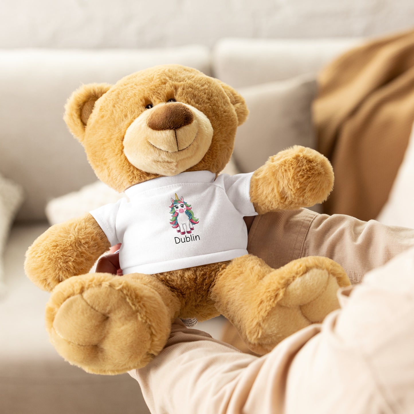 Brown Teddy bear wearing a white Christmas Unicorn T-shirt Personalized with childs Name.