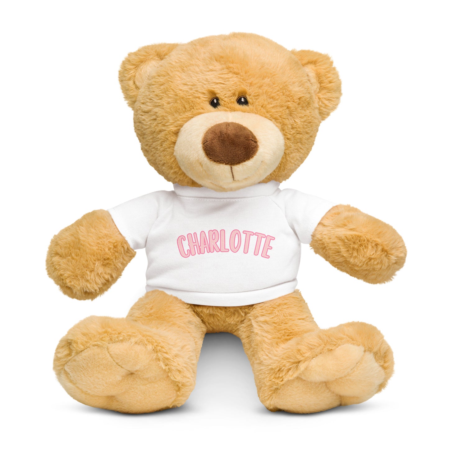 Teddy bear with a white t-shirt with a personalized name on it. 