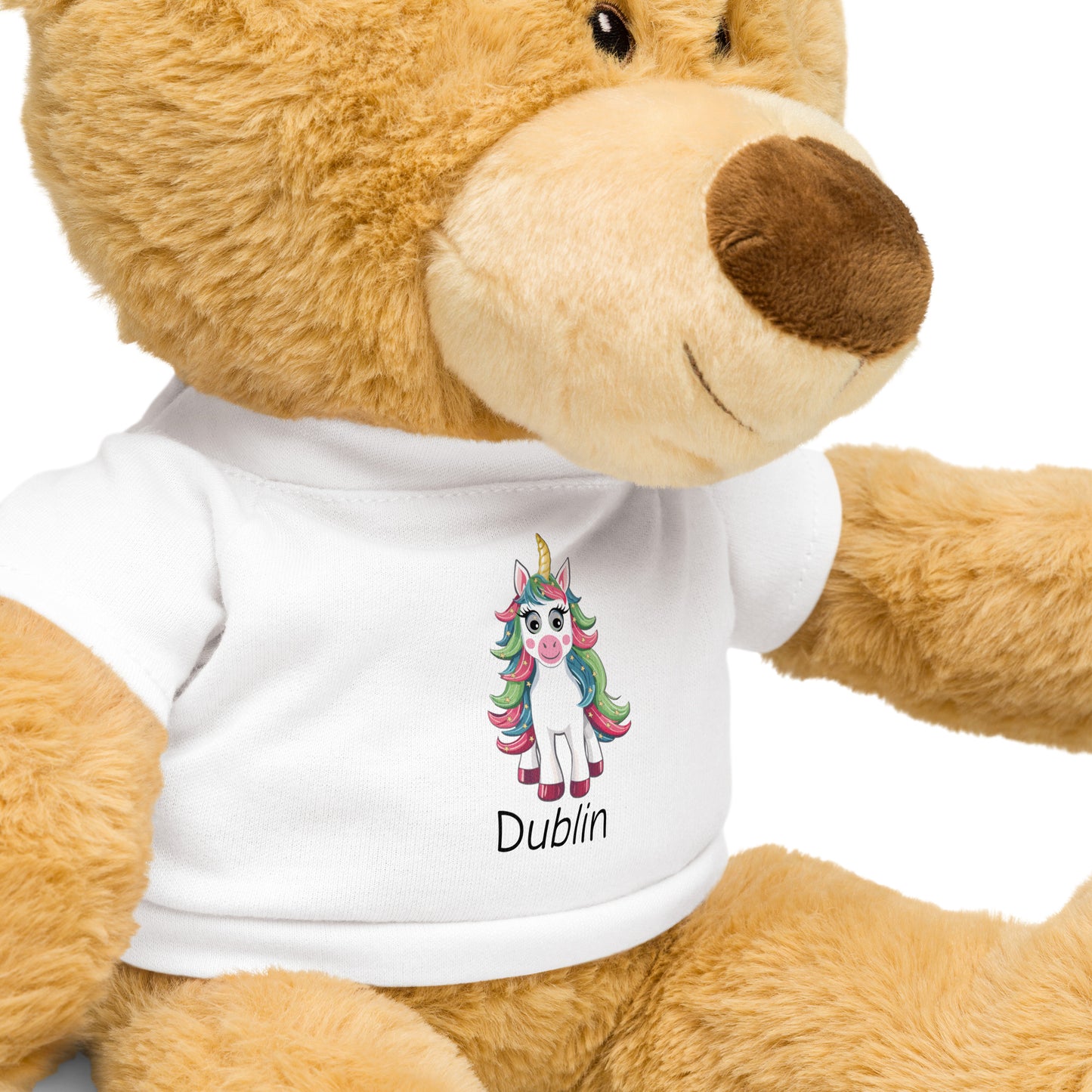 Brown Teddy bear wearing a white Christmas Unicorn T-shirt Personalized with childs Name.