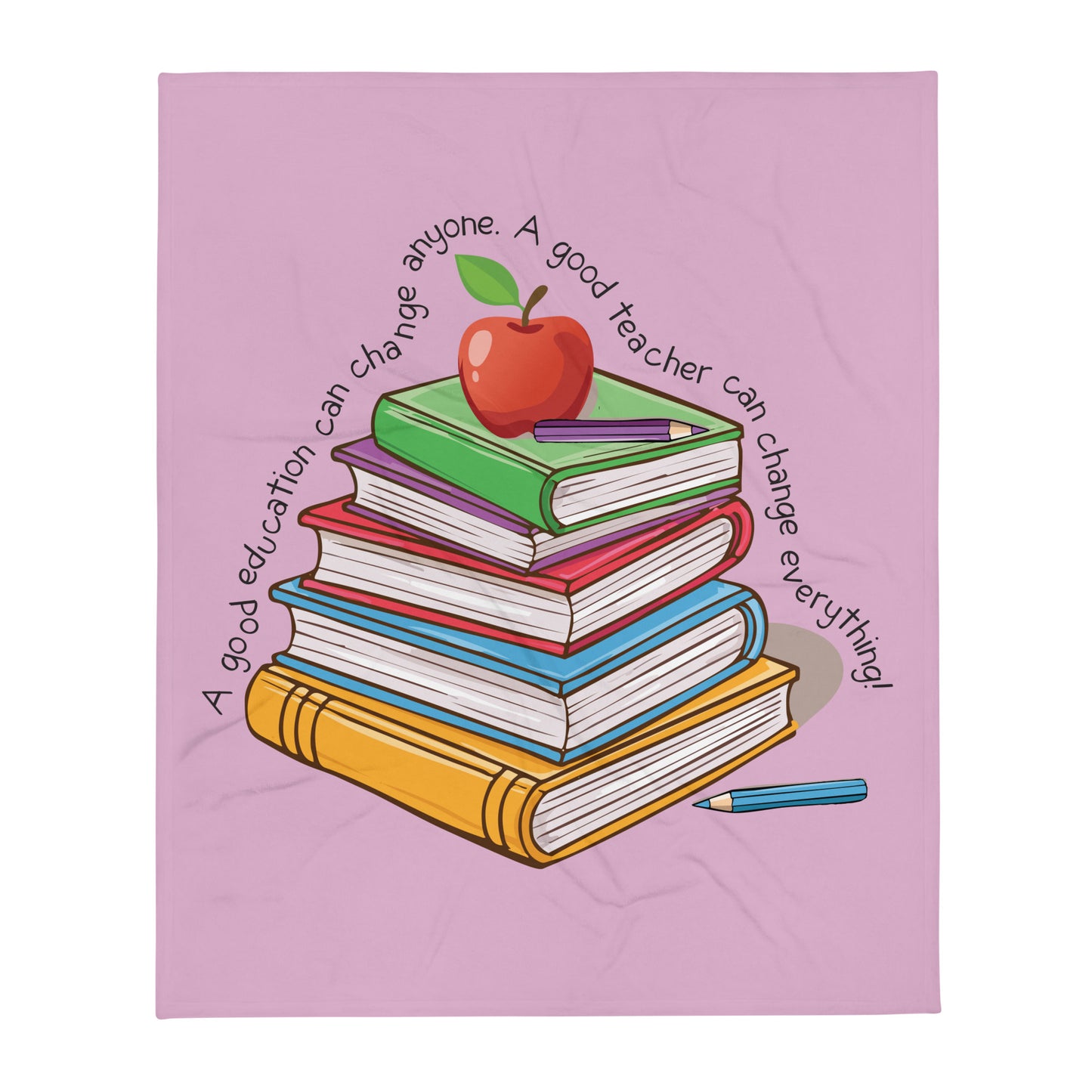 A good teacher written around multi color books with an apple on top  50x60 throw blanket.