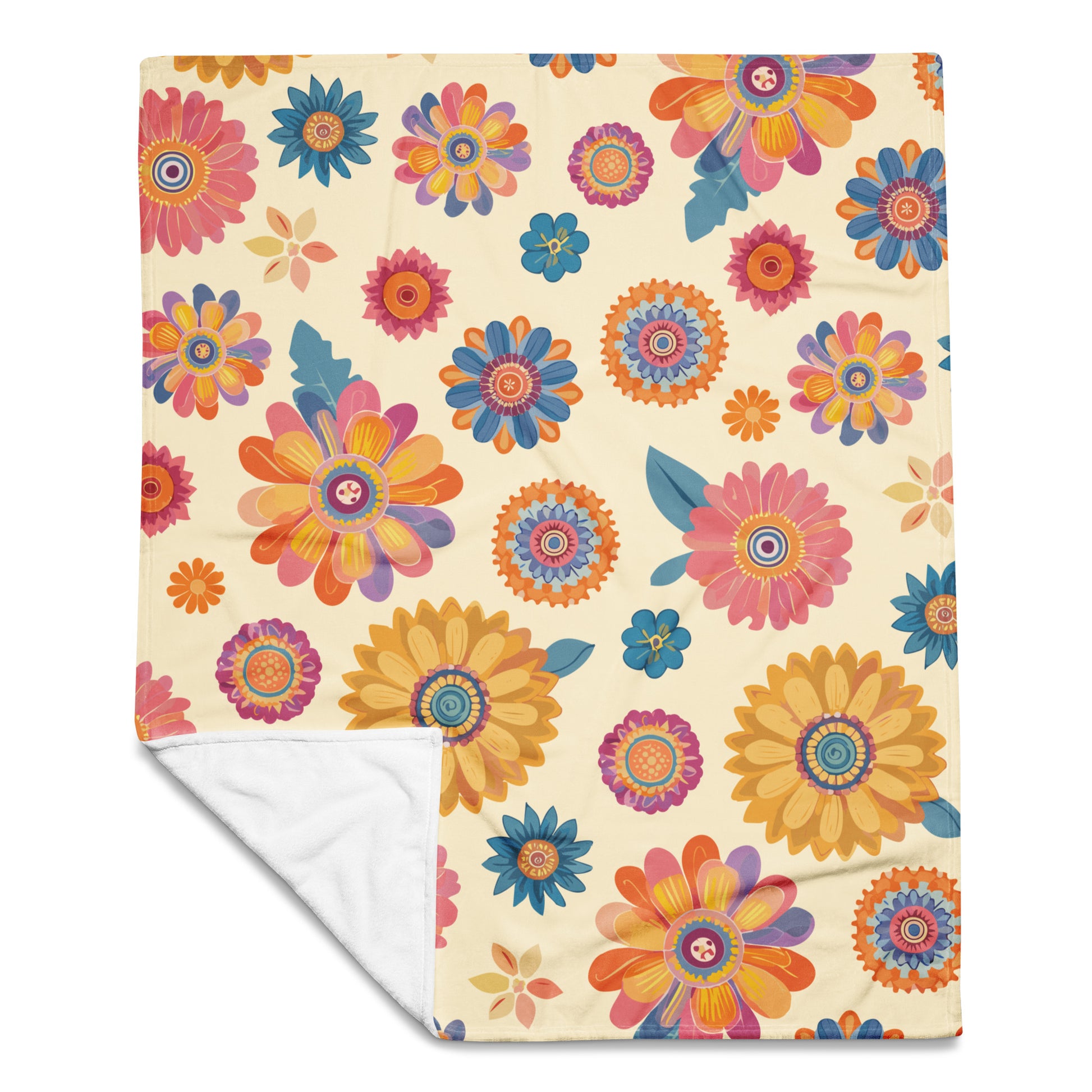 50x60 groovy retro flowers tossed on the front.