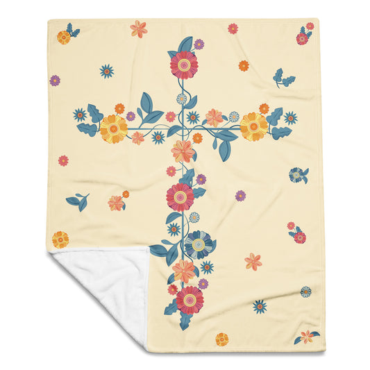 50x60 throw blanket with floral cross and flowers tossed around.  
