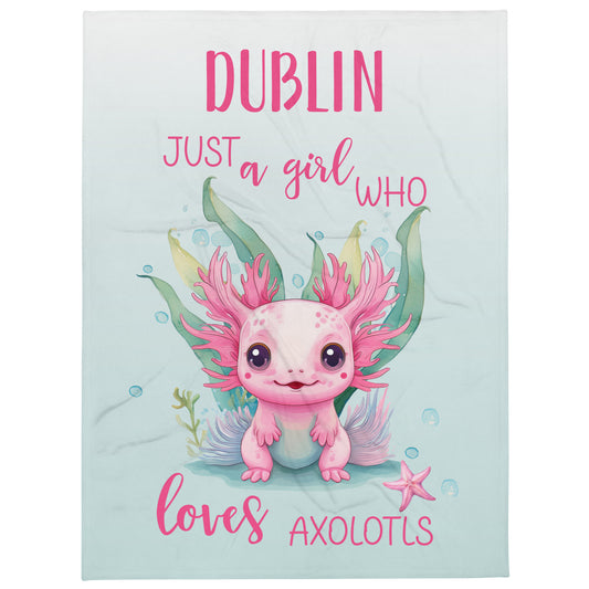 Personalized Just a Girl Who Loves Axolotls 50x60 Throw Blanket.