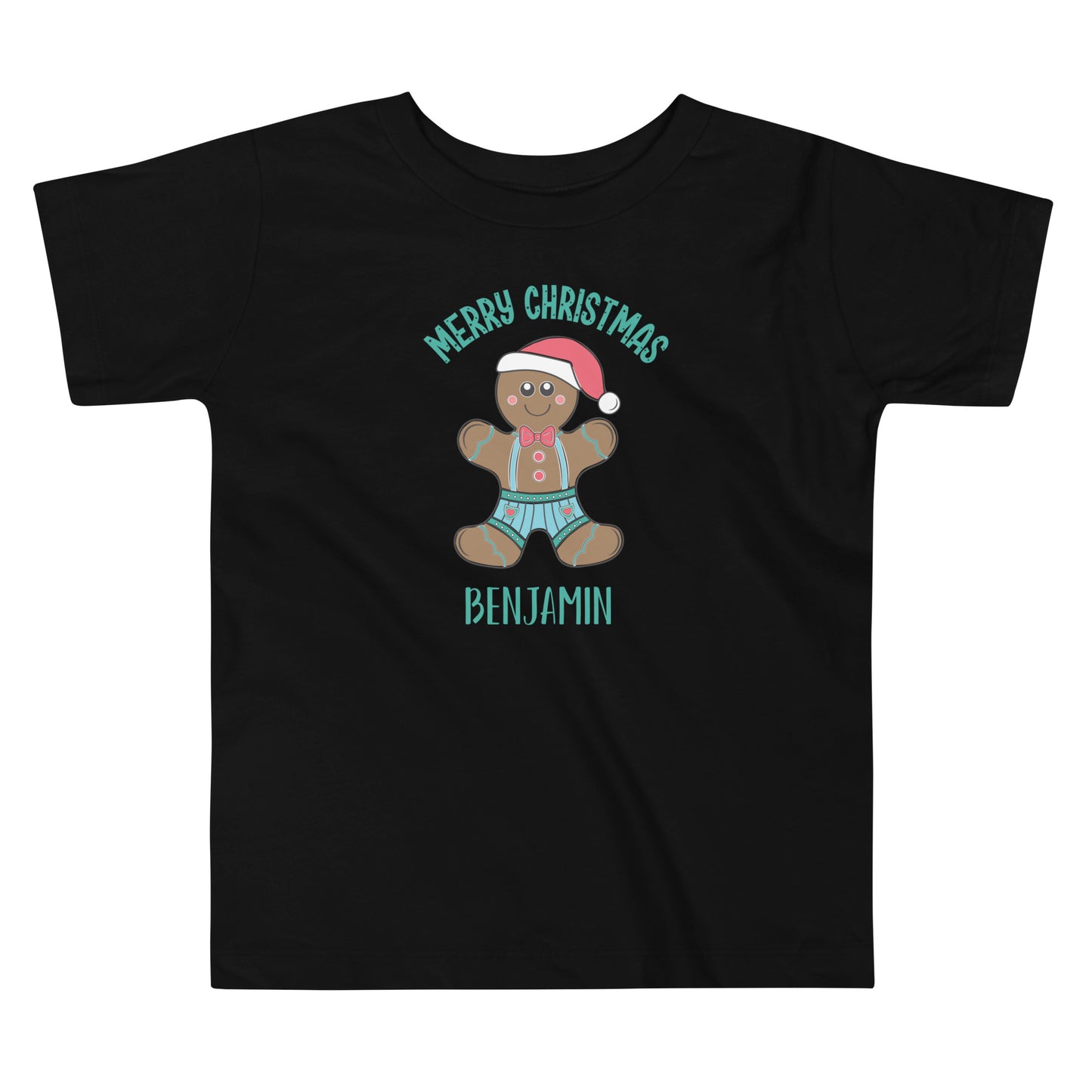 Personalized Merry Christmas Gingerbread Man Toddler Short Sleeve Tee in black.