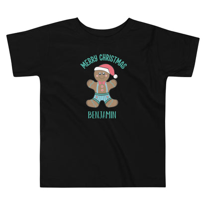 Personalized Merry Christmas Gingerbread Man Toddler Short Sleeve Tee in black.
