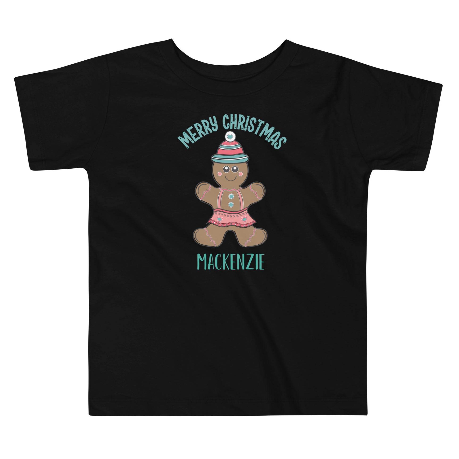 Personalized with Name Merry Christmas Gingerbread Girl Toddler Short Sleeve Tee in black.