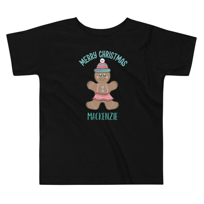 Personalized with Name Merry Christmas Gingerbread Girl Toddler Short Sleeve Tee in black.