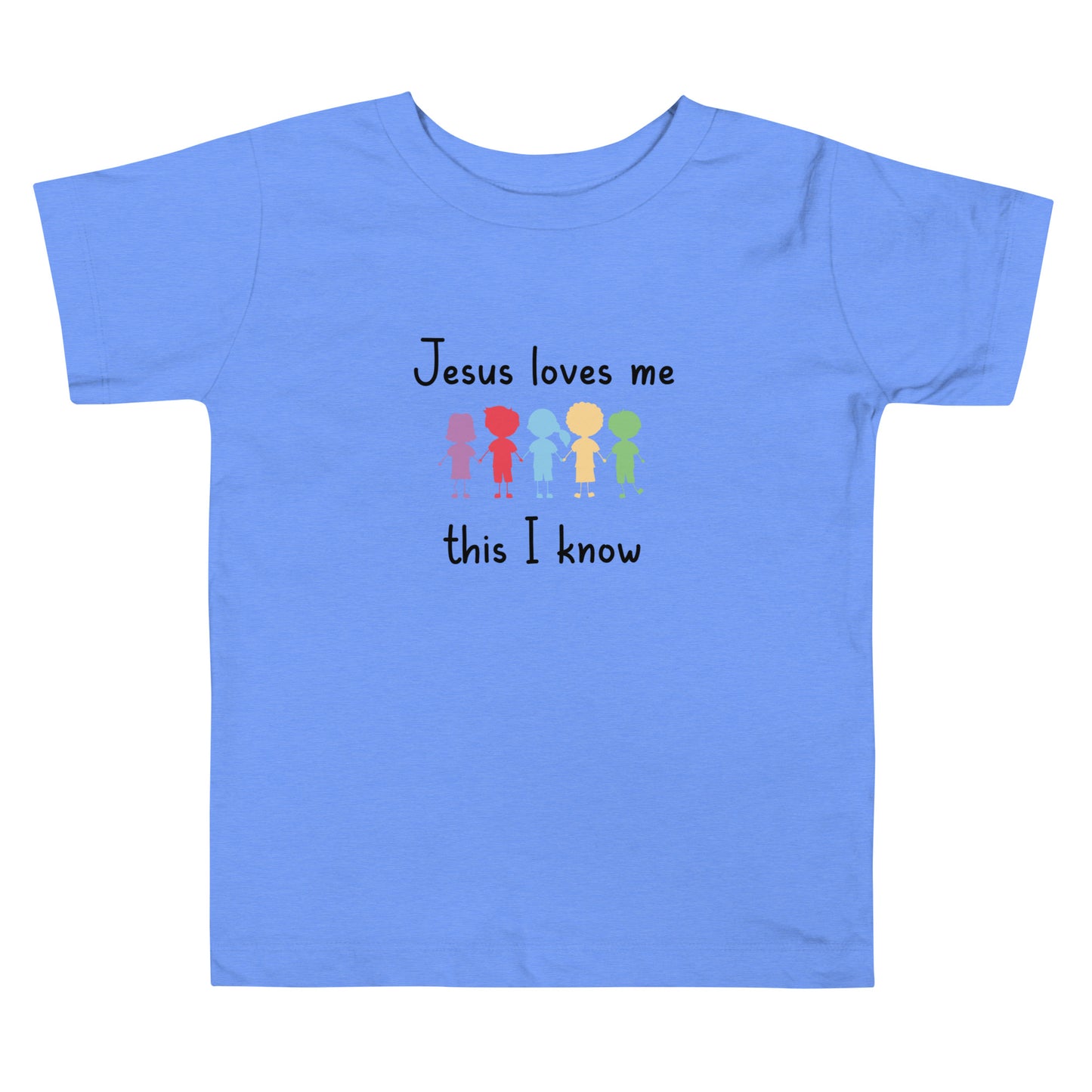 Short Sleeve Toddler T-shirt that says Jesus Loves Me This I Know with 5 cute colorful kids holding hands.