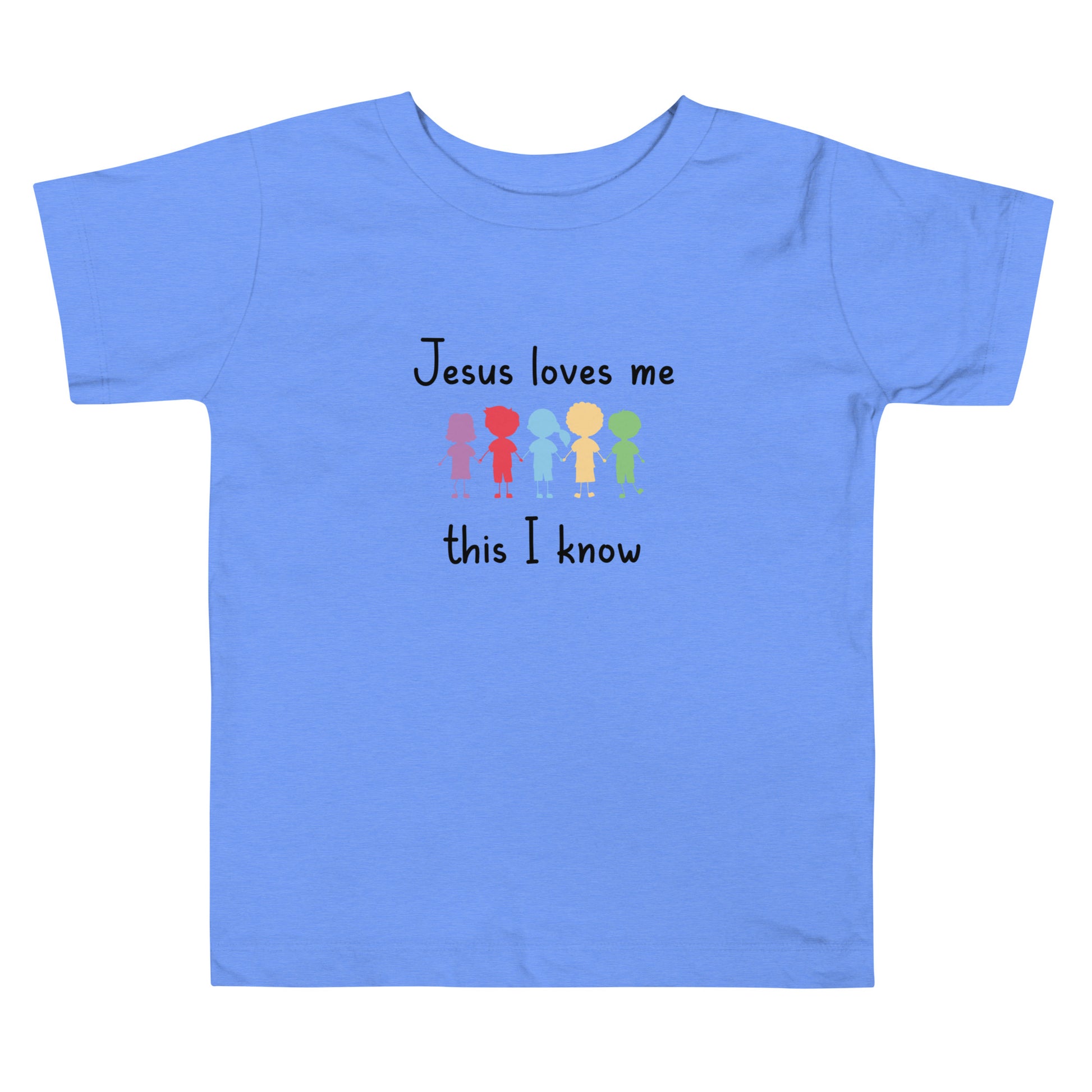 Short Sleeve Toddler T-shirt that says Jesus Loves Me This I Know with 5 cute colorful kids holding hands.