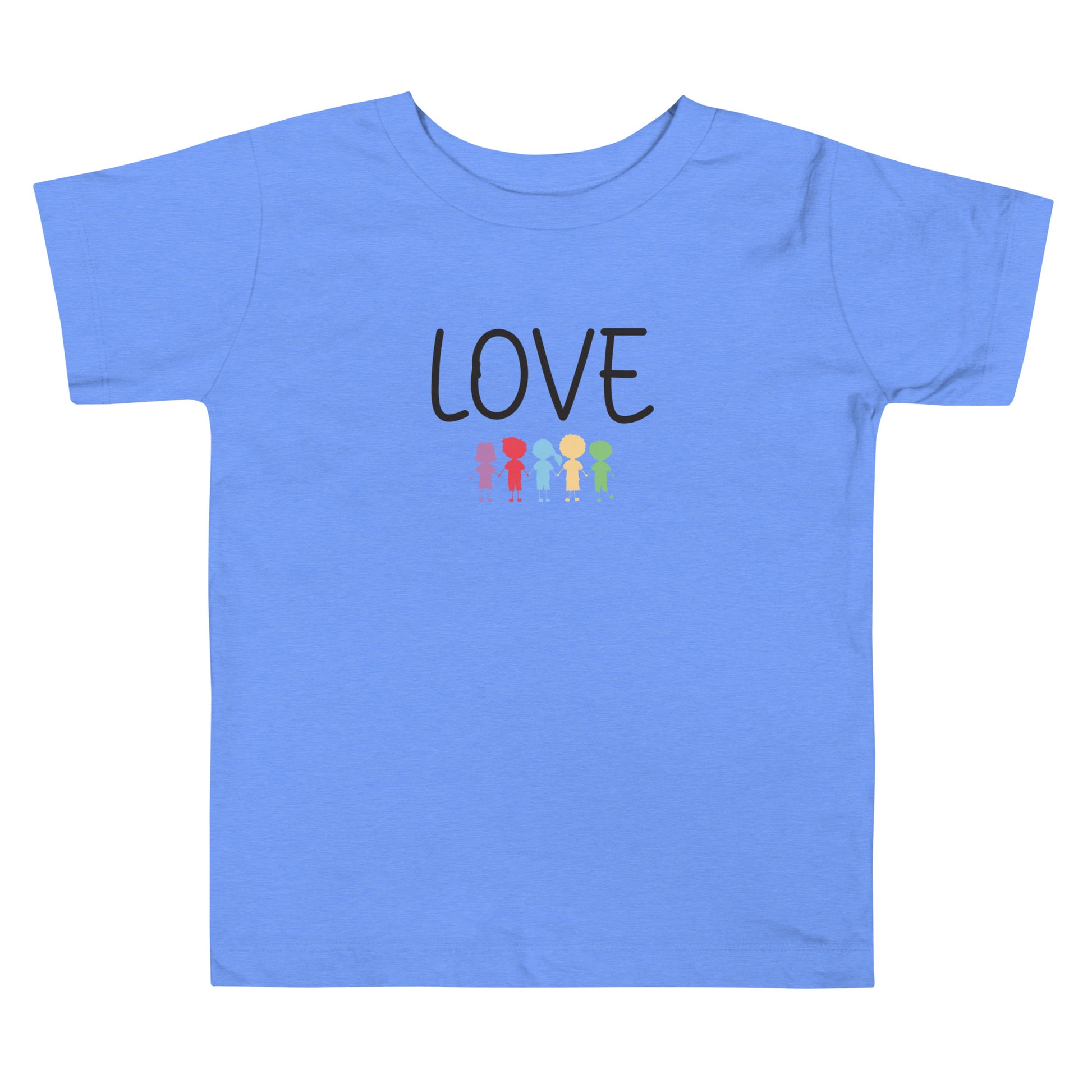 Short Sleeve Toddler T-shirt that says Love with 5 cute colorful kids holding hands.