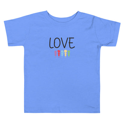 Short Sleeve Toddler T-shirt that says Love with 5 cute colorful kids holding hands.