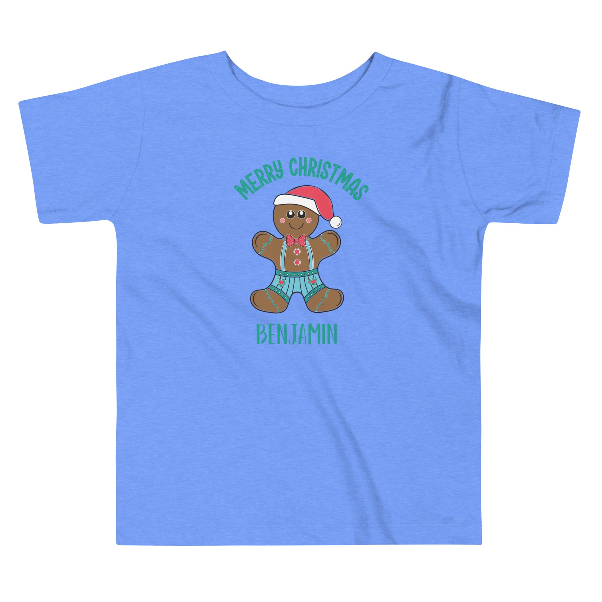 Personalized Merry Christmas Gingerbread Man Toddler Short Sleeve Tee in light blue.